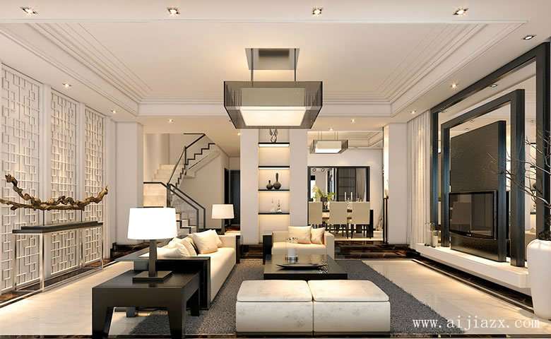 白色大气新中式风格别墅客厅装修效果图